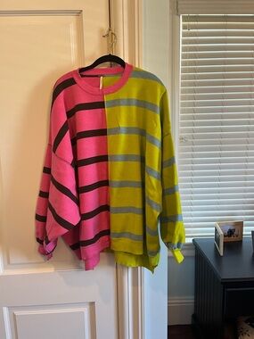 Free People Colorblock Pink Lime Green Stripe Top